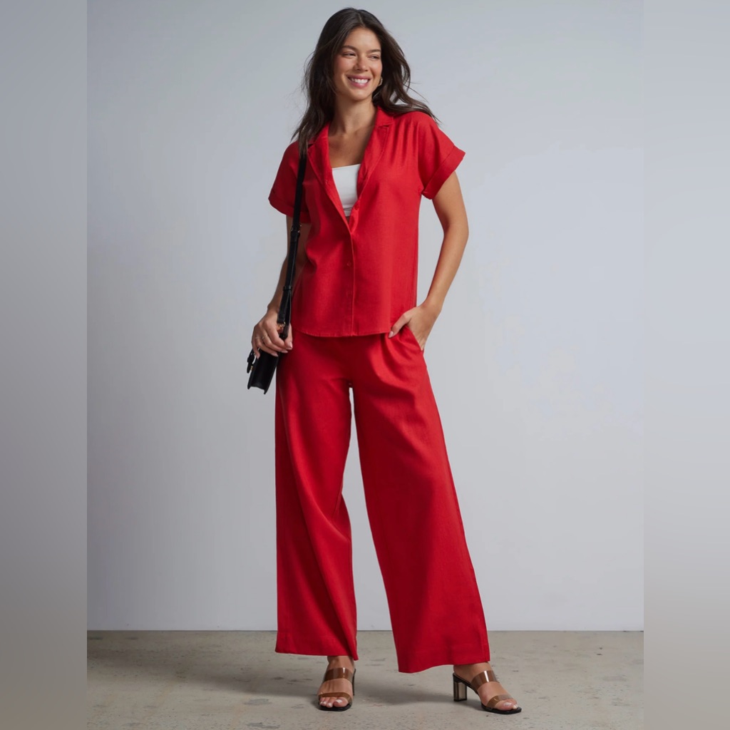 New York & Company Linen-Blend Oversized Button-Front Shirt & Pant Set